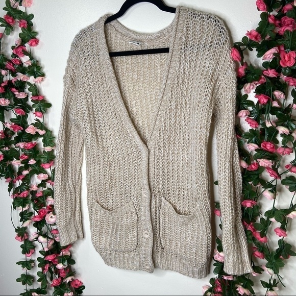 Full Tilt Tan/Beige Crochet Knit Pattern Button Up Cardigan Casual Lounge XS - Picture 2 of 10